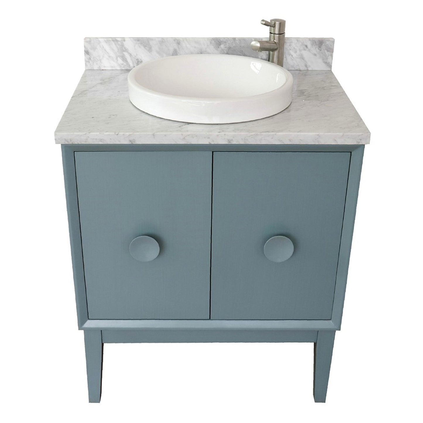 31" Single vanity in Aqua Blue finish with White Carrara top and round sink
