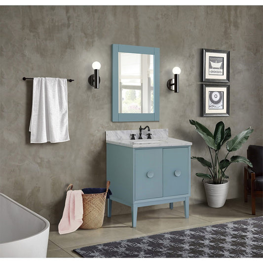 31" Single vanity in Aqua Blue finish with White Carrara top and rectangle sink