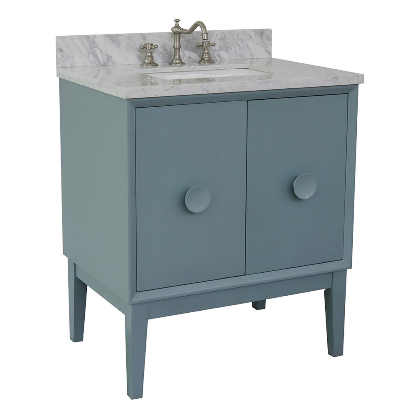 31" Single vanity in Aqua Blue finish with White Carrara top and rectangle sink