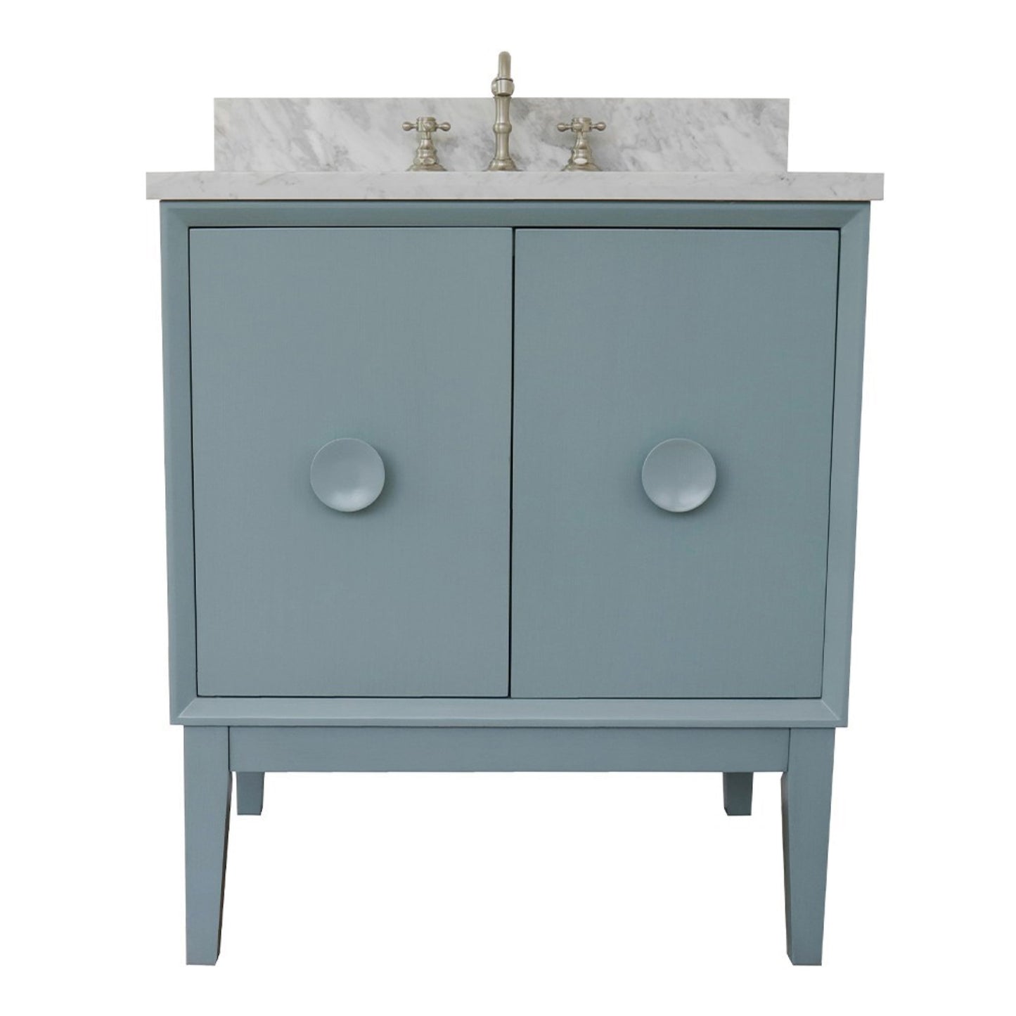 31" Single vanity in Aqua Blue finish with White Carrara top and rectangle sink