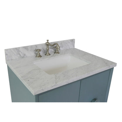 31" Single vanity in Aqua Blue finish with White Carrara top and rectangle sink