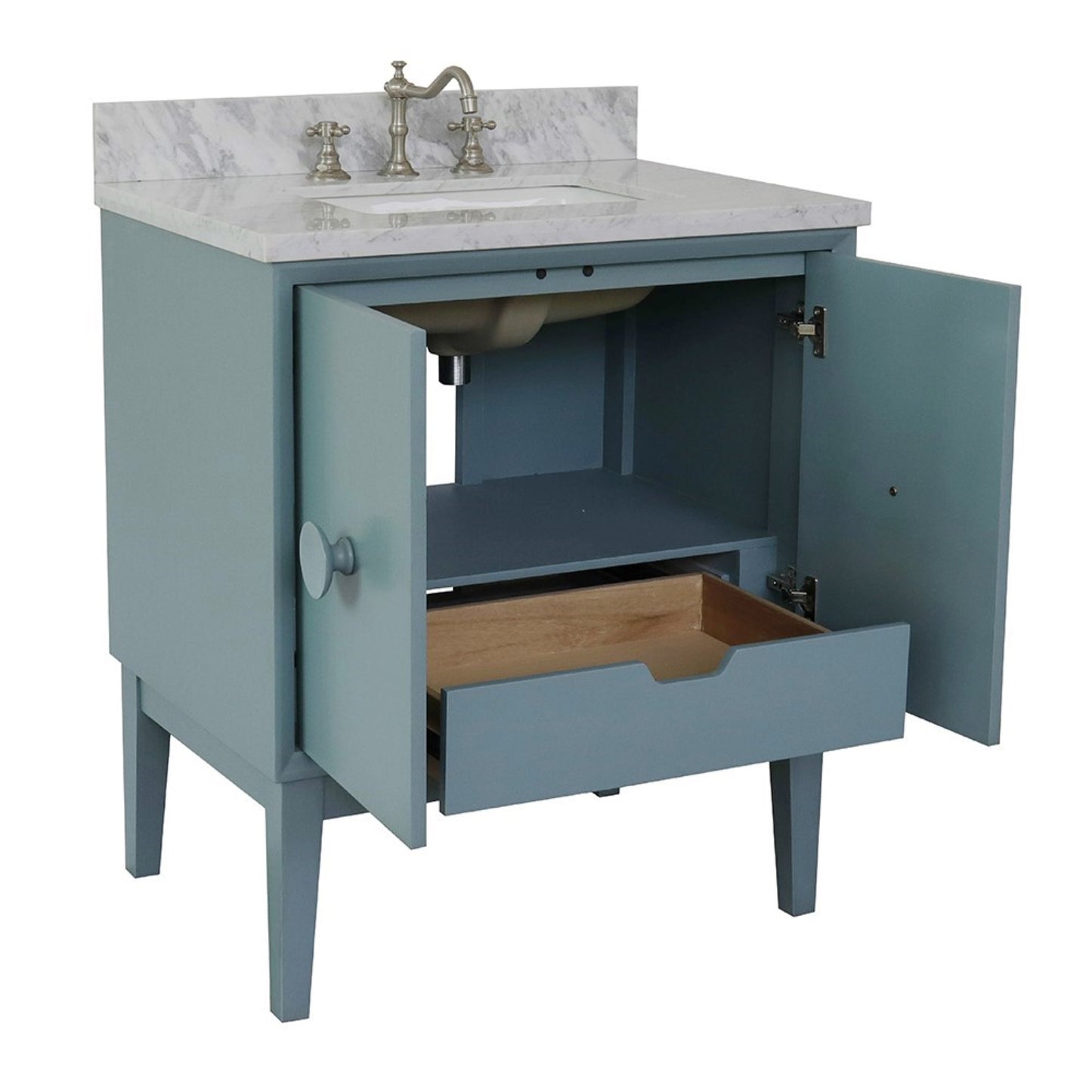 31" Single vanity in Aqua Blue finish with White Carrara top and rectangle sink