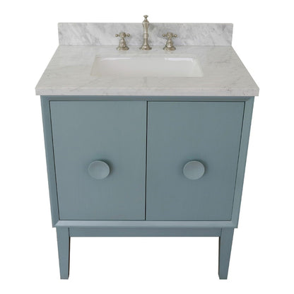 31" Single vanity in Aqua Blue finish with White Carrara top and rectangle sink