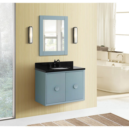 31" Single wall mount vanity in Aqua Blue finish with Black Galaxy top and oval sink