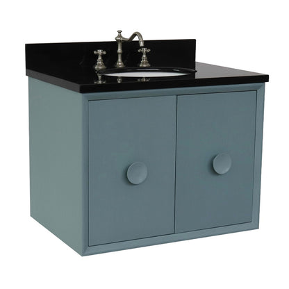 31" Single wall mount vanity in Aqua Blue finish with Black Galaxy top and oval sink