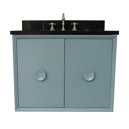 31" Single wall mount vanity in Aqua Blue finish with Black Galaxy top and oval sink