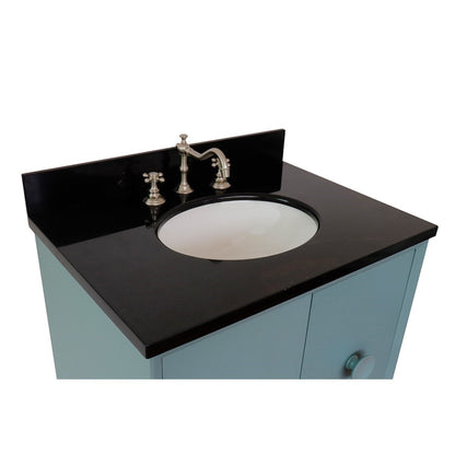 31" Single wall mount vanity in Aqua Blue finish with Black Galaxy top and oval sink