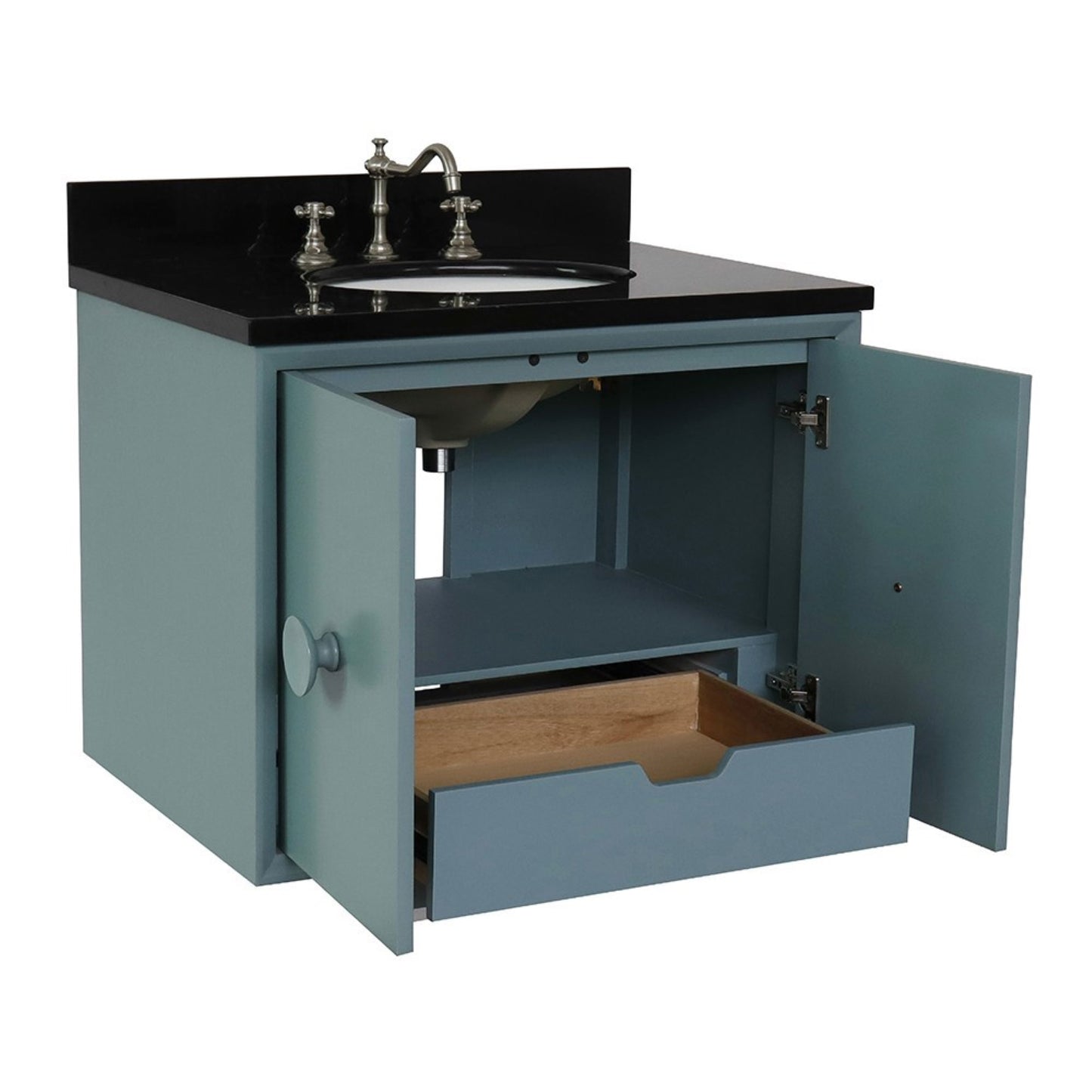 31" Single wall mount vanity in Aqua Blue finish with Black Galaxy top and oval sink