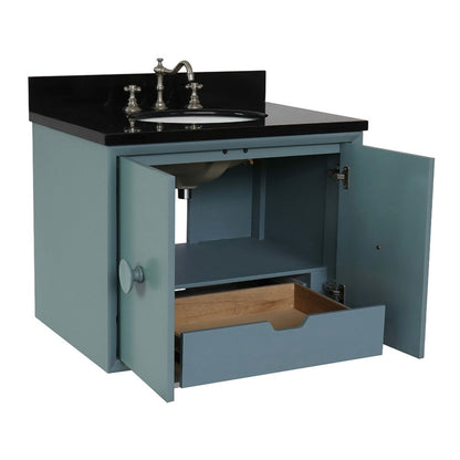31" Single wall mount vanity in Aqua Blue finish with Black Galaxy top and oval sink