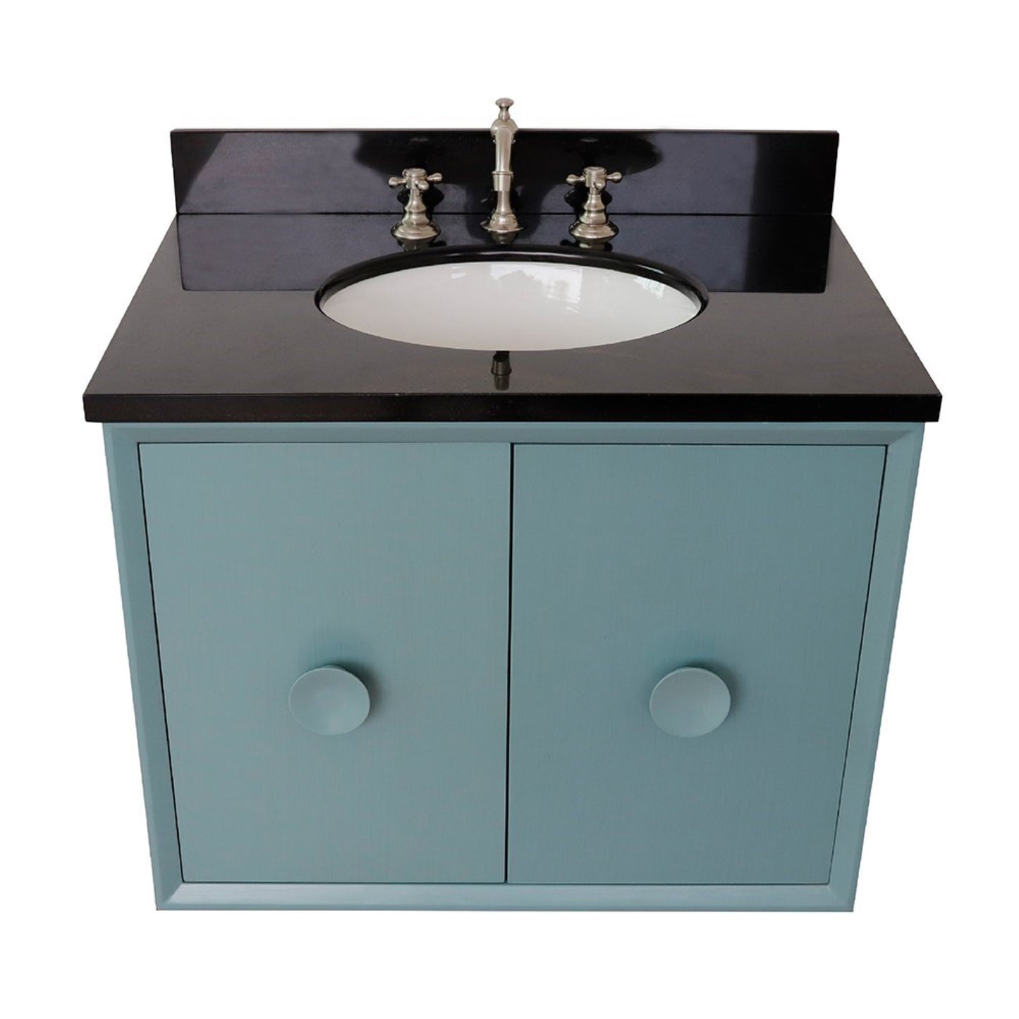 31" Single wall mount vanity in Aqua Blue finish with Black Galaxy top and oval sink