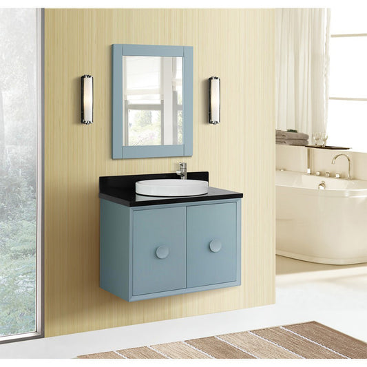 31" Single wall mount vanity in Aqua Blue finish with Black Galaxy top and round sink