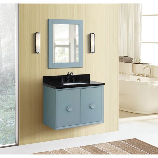 31" Single wall mount vanity in Aqua Blue finish with Black Galaxy top and rectangle sink