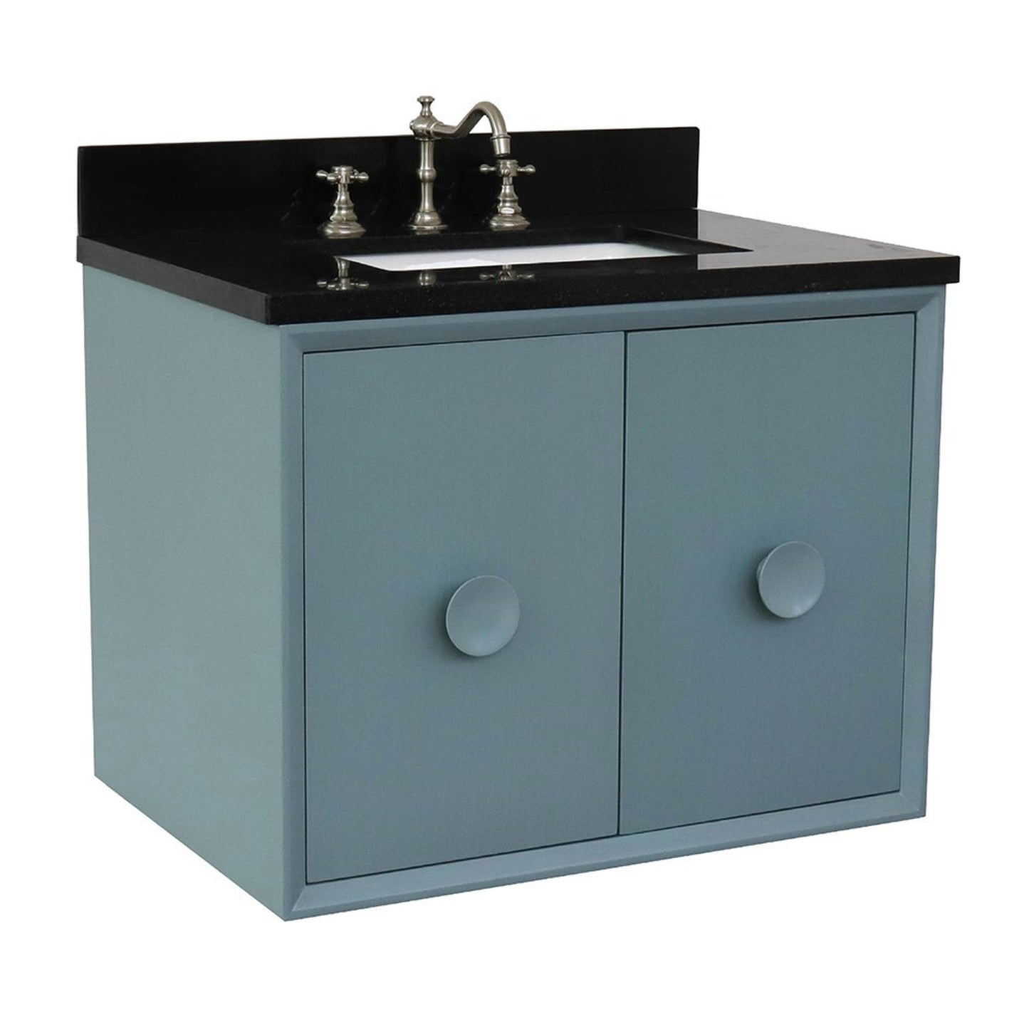 31" Single wall mount vanity in Aqua Blue finish with Black Galaxy top and rectangle sink