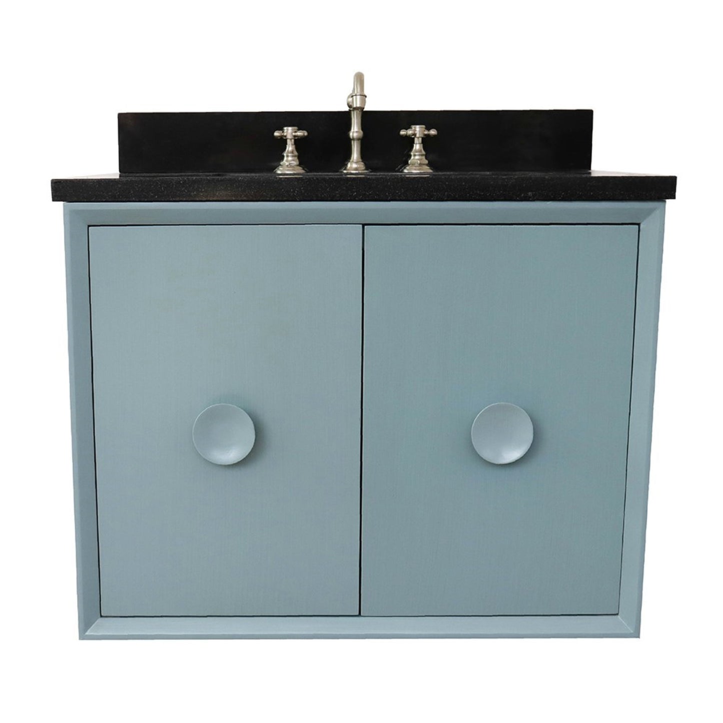 31" Single wall mount vanity in Aqua Blue finish with Black Galaxy top and rectangle sink