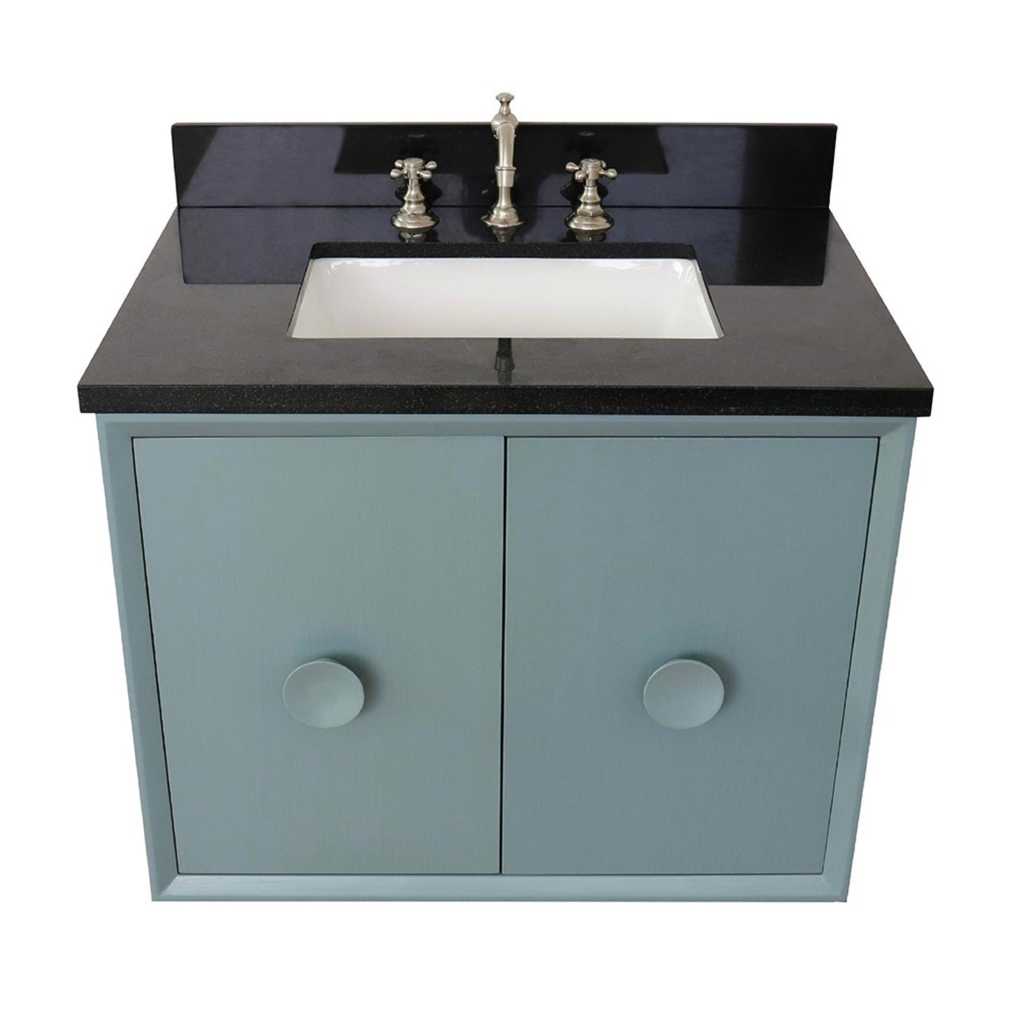 31" Single wall mount vanity in Aqua Blue finish with Black Galaxy top and rectangle sink