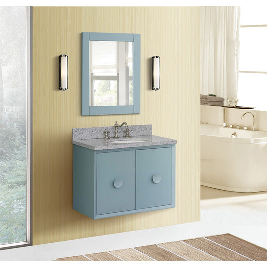 31" Single wall mount vanity in Aqua Blue finish with Gray granite top and oval sink