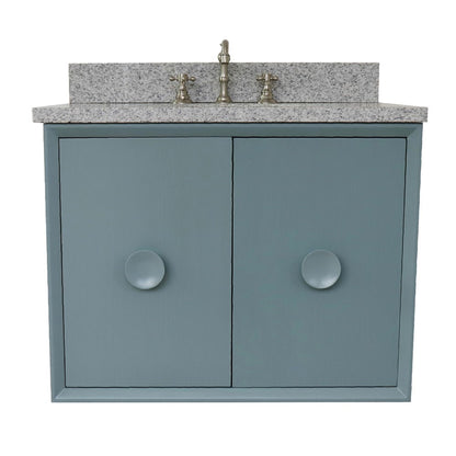 31" Single wall mount vanity in Aqua Blue finish with Gray granite top and oval sink
