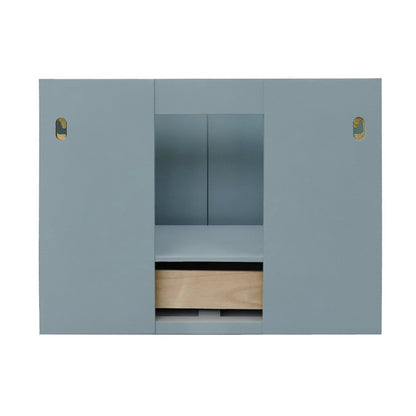 31" Single wall mount vanity in Aqua Blue finish with Gray granite top and oval sink