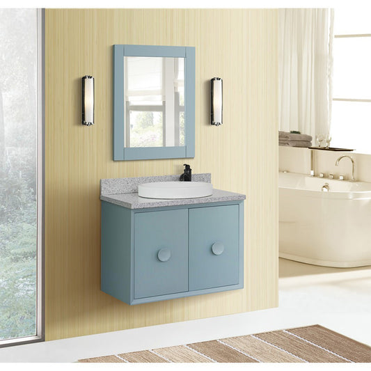 31" Single wall mount vanity in Aqua Blue finish with Gray granite top and round sink