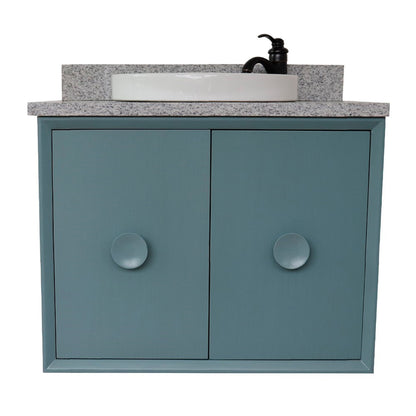 31" Single wall mount vanity in Aqua Blue finish with Gray granite top and round sink