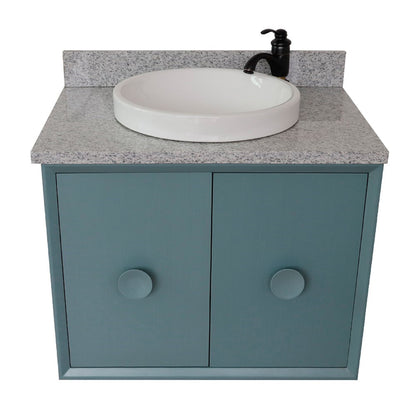 31" Single wall mount vanity in Aqua Blue finish with Gray granite top and round sink