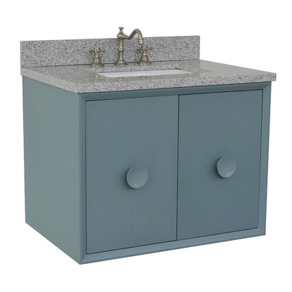31" Single wall mount vanity in Aqua Blue finish with Gray granite top and rectangle sink