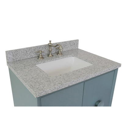 31" Single wall mount vanity in Aqua Blue finish with Gray granite top and rectangle sink