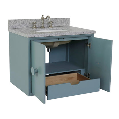 31" Single wall mount vanity in Aqua Blue finish with Gray granite top and rectangle sink