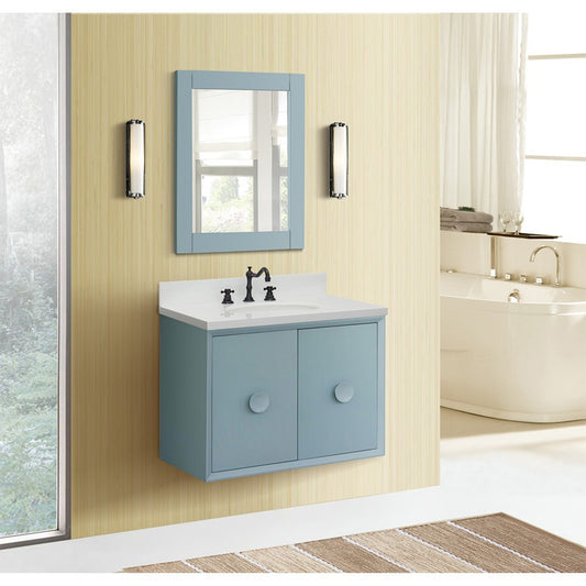31" Single wall mount vanity in Aqua Blue finish with White engineered stone top and oval sink