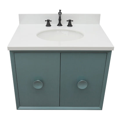 31" Single wall mount vanity in Aqua Blue finish with White engineered stone top and oval sink