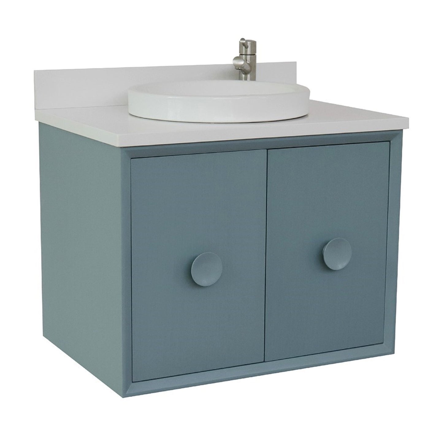 31" Single wall mount vanity in Aqua Blue finish with White engineered stone top and round sink