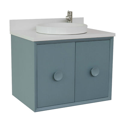 31" Single wall mount vanity in Aqua Blue finish with White engineered stone top and round sink
