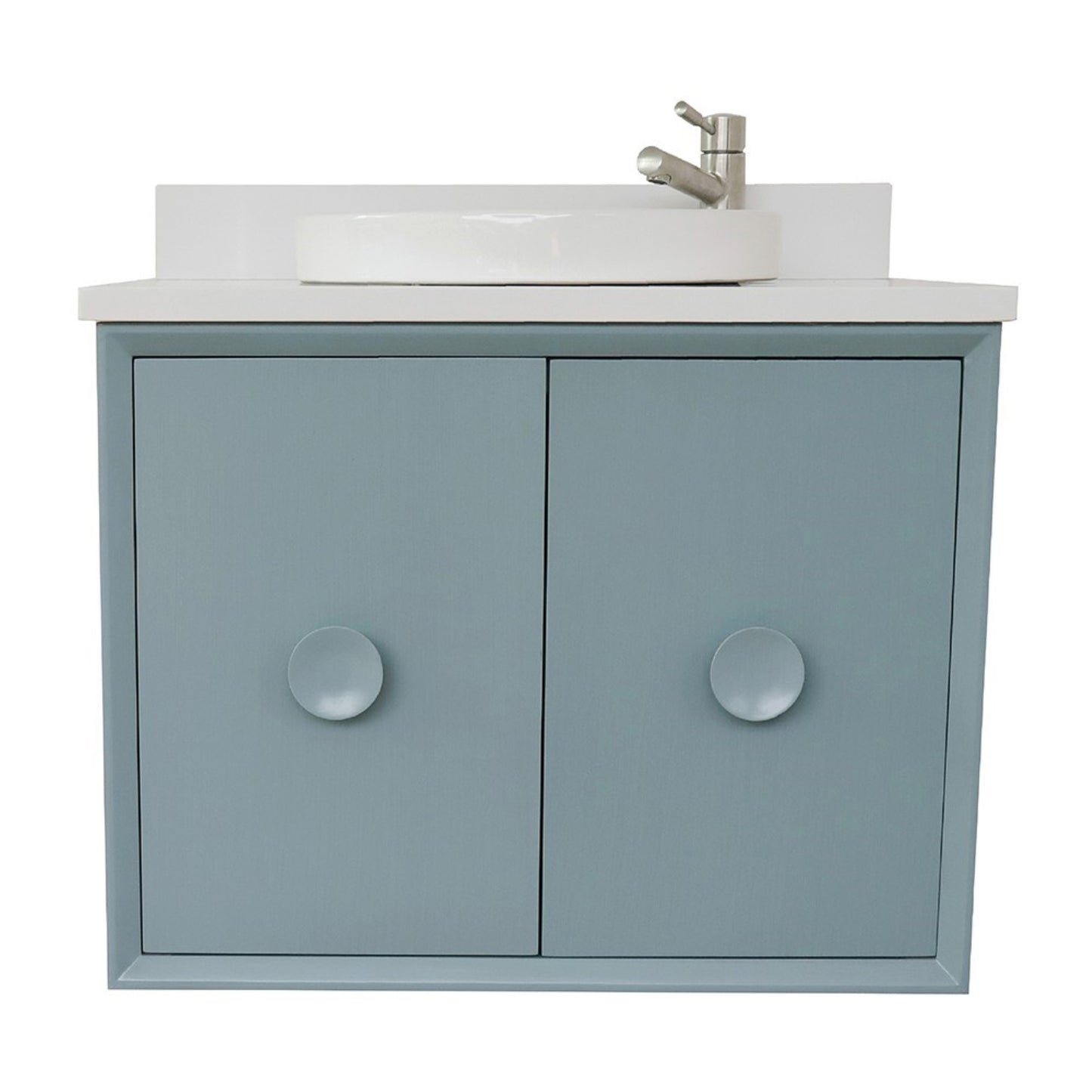 31" Single wall mount vanity in Aqua Blue finish with White engineered stone top and round sink