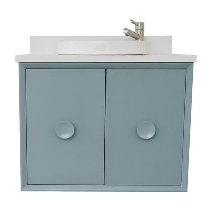31" Single wall mount vanity in Aqua Blue finish with White engineered stone top and round sink