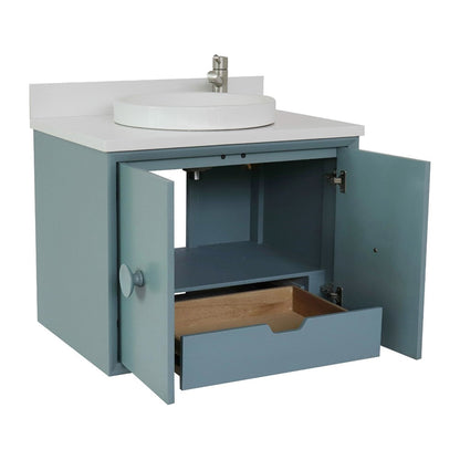 31" Single wall mount vanity in Aqua Blue finish with White engineered stone top and round sink