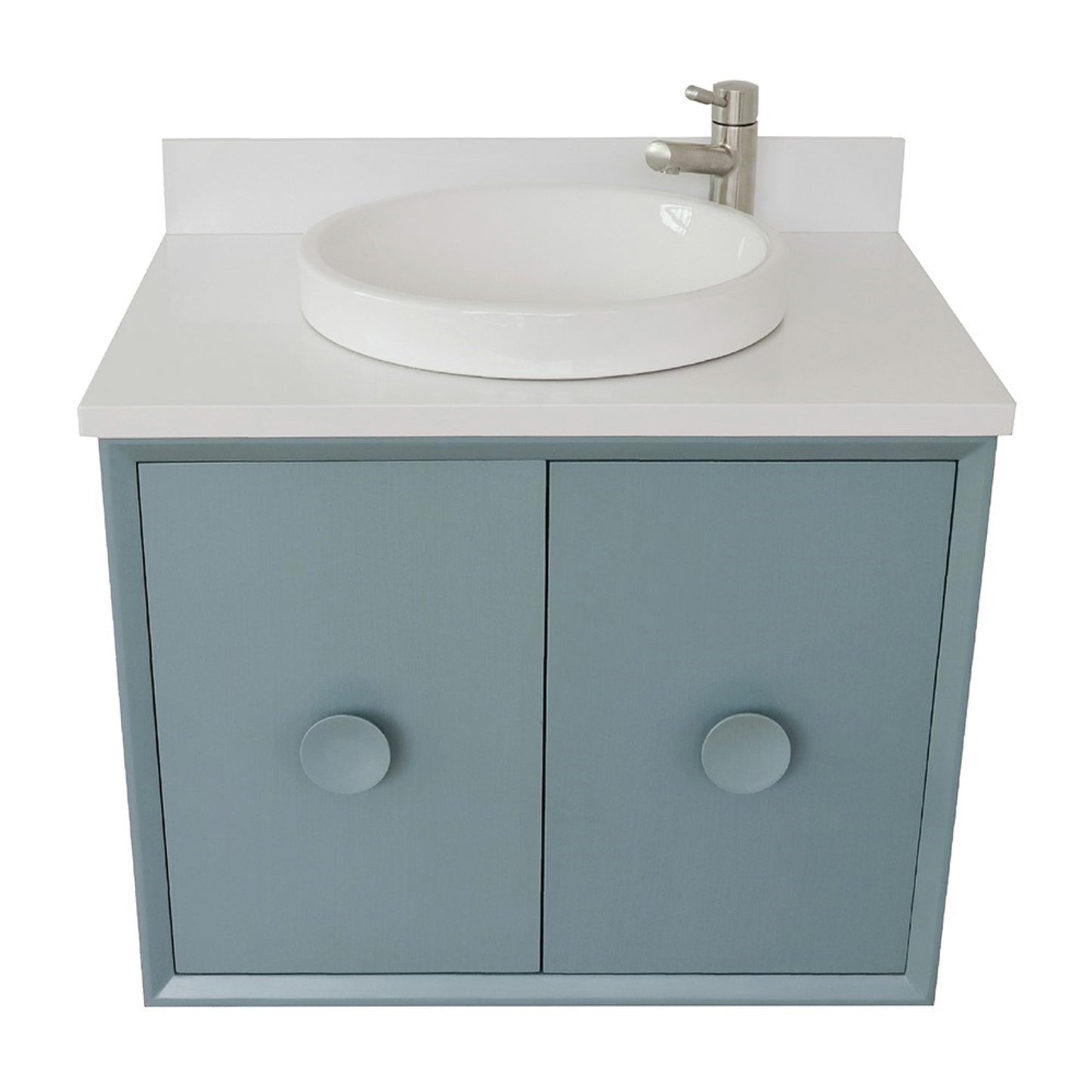 31" Single wall mount vanity in Aqua Blue finish with White engineered stone top and round sink