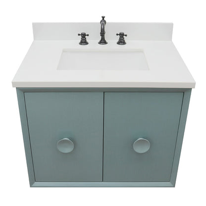 31" Single wall mount vanity in Aqua Blue finish with White engineered stone top and rectangle sink