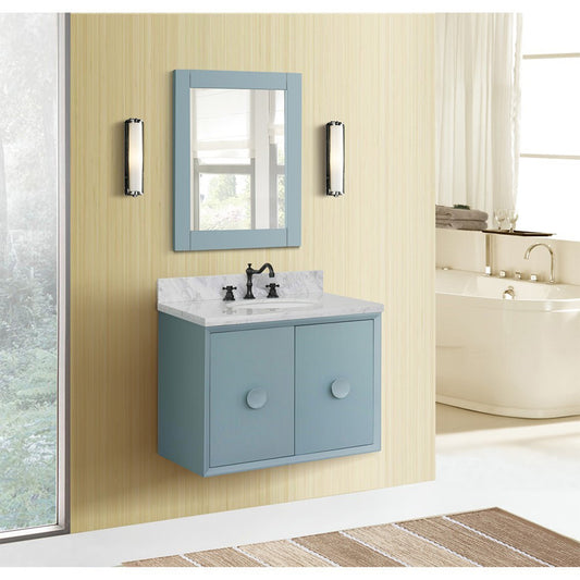 31" Single wall mount vanity in Aqua Blue finish with White Carrara top and oval sink