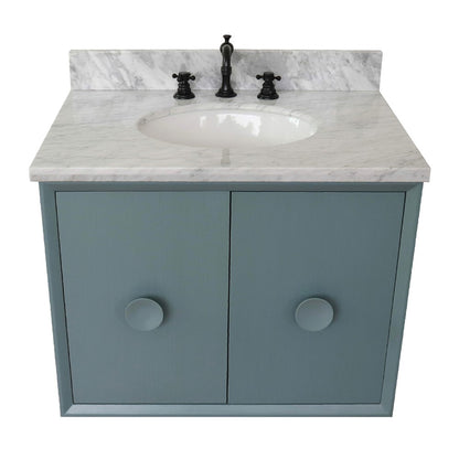 31" Single wall mount vanity in Aqua Blue finish with White Carrara top and oval sink
