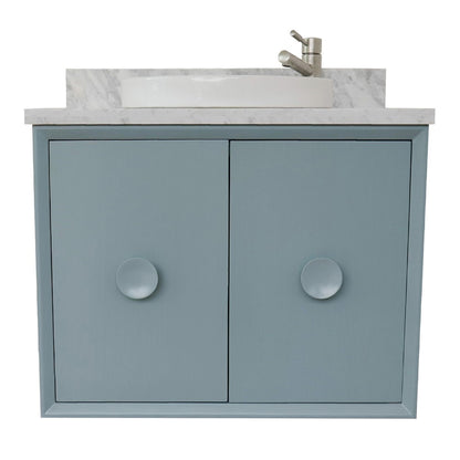 31" Single wall mount vanity in Aqua Blue finish with White Carrara top and round sink