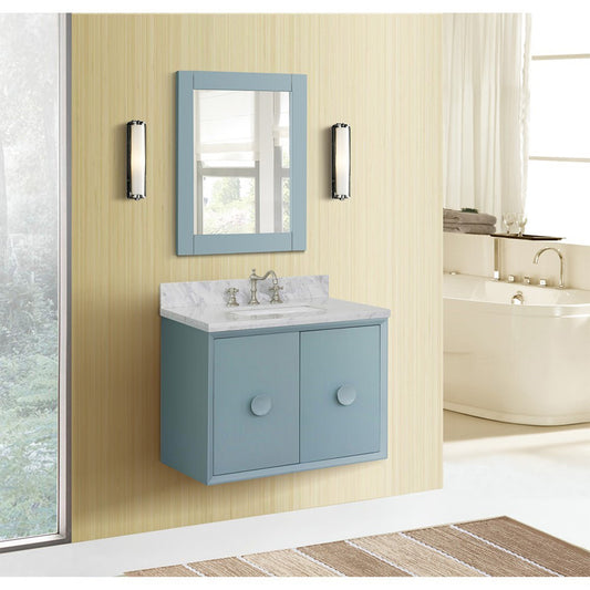 31" Single wall mount vanity in Aqua Blue finish with White Carrara top and rectangle sink