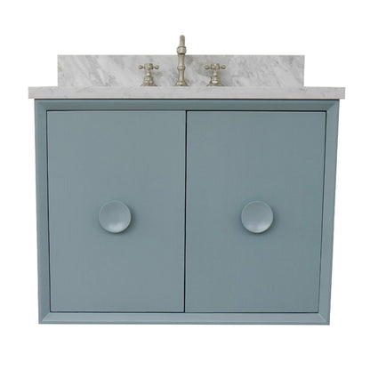 31" Single wall mount vanity in Aqua Blue finish with White Carrara top and rectangle sink