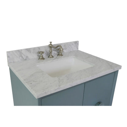 31" Single wall mount vanity in Aqua Blue finish with White Carrara top and rectangle sink