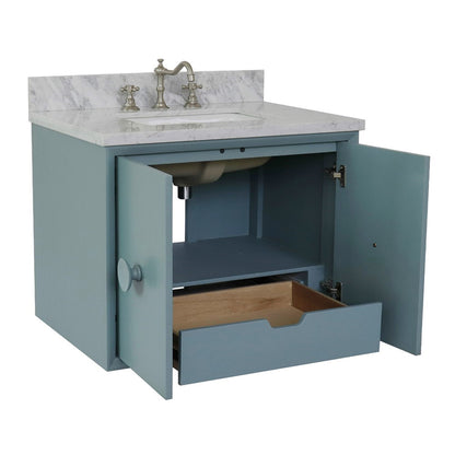 31" Single wall mount vanity in Aqua Blue finish with White Carrara top and rectangle sink