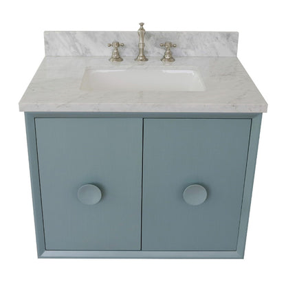 31" Single wall mount vanity in Aqua Blue finish with White Carrara top and rectangle sink