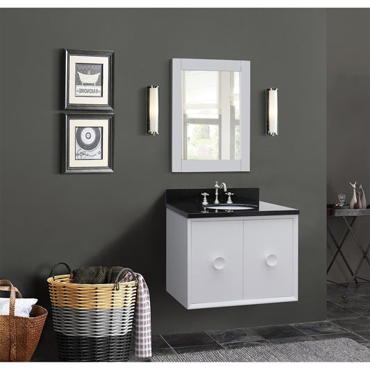 31" Single wall mount vanity in White finish with Black Galaxy top and oval sink