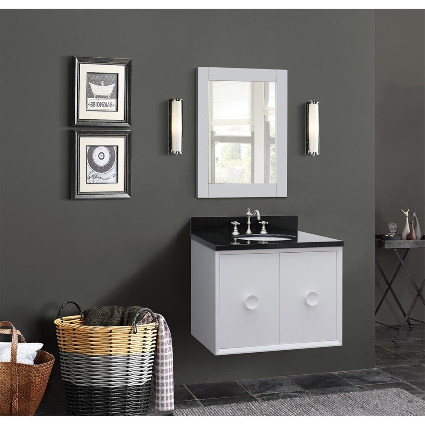 31" Single wall mount vanity in White finish with Black Galaxy top and oval sink