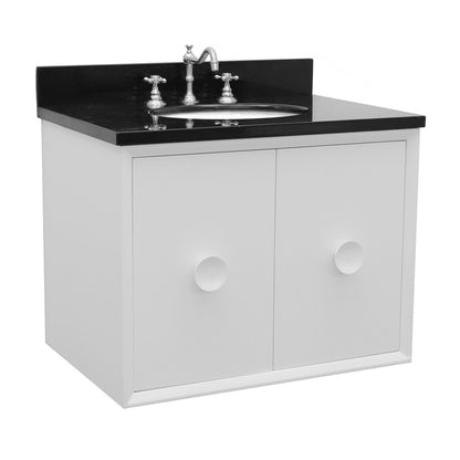 31" Single wall mount vanity in White finish with Black Galaxy top and oval sink