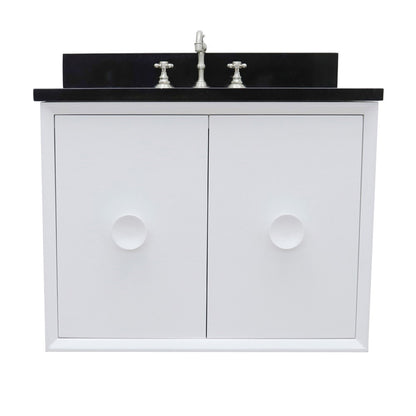 31" Single wall mount vanity in White finish with Black Galaxy top and oval sink