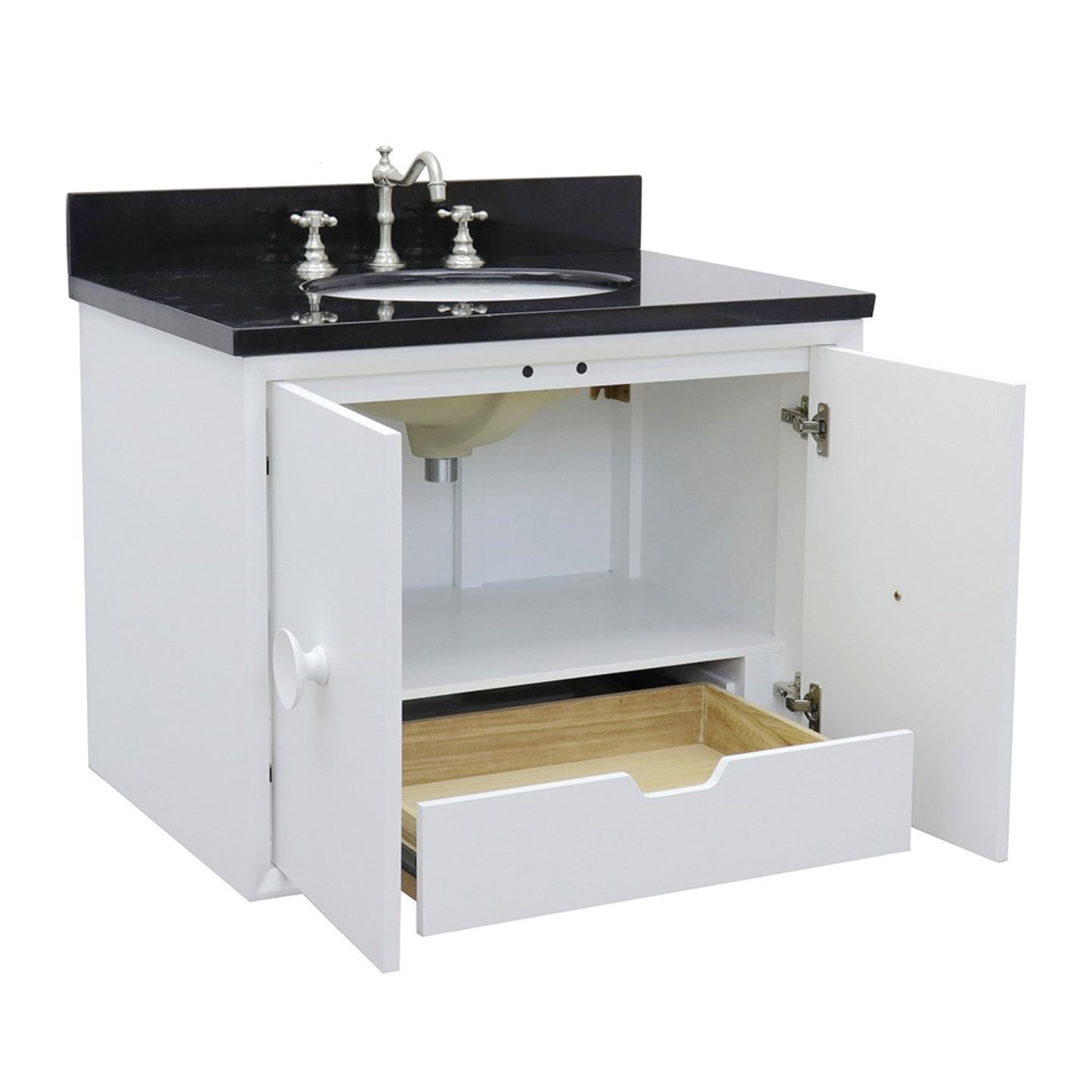 31" Single wall mount vanity in White finish with Black Galaxy top and oval sink